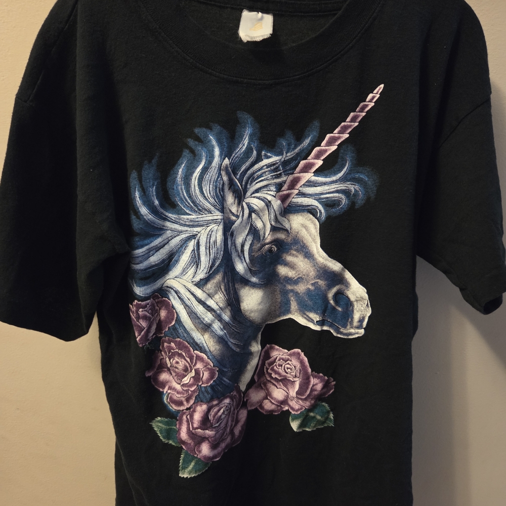Black T-Shirt with Unicorn and Roses Design - Picture 5 of 6
